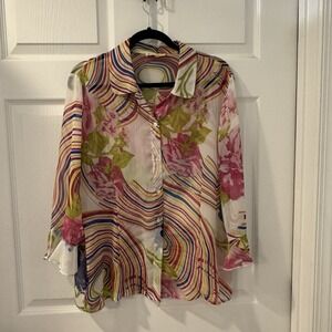 Colorful‎ Floral Chiffon Women's Button Down Blouse Size L By Cathaya